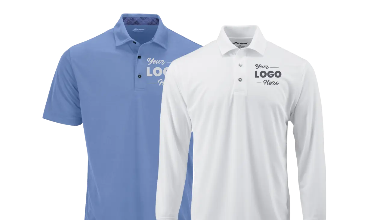 Two men's polo shirts in white and blue