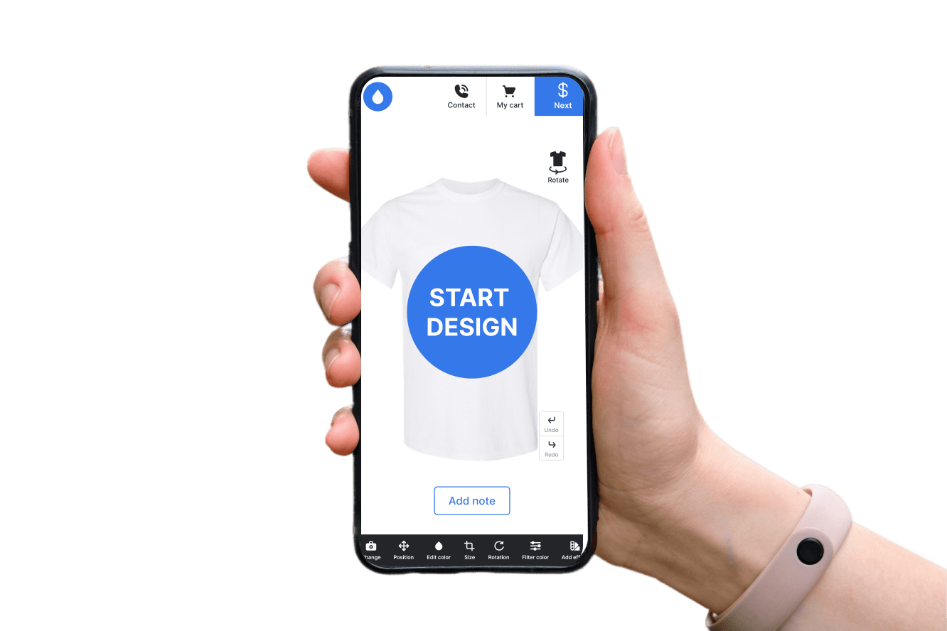 A hand holding a smartphone with a t-shirt design app on it.
